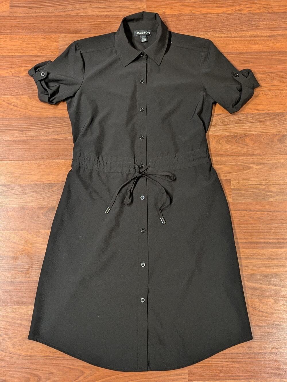 Halston XS Black Shirt Dress Button Front Drawstring Waist Roll Tab Sleeve